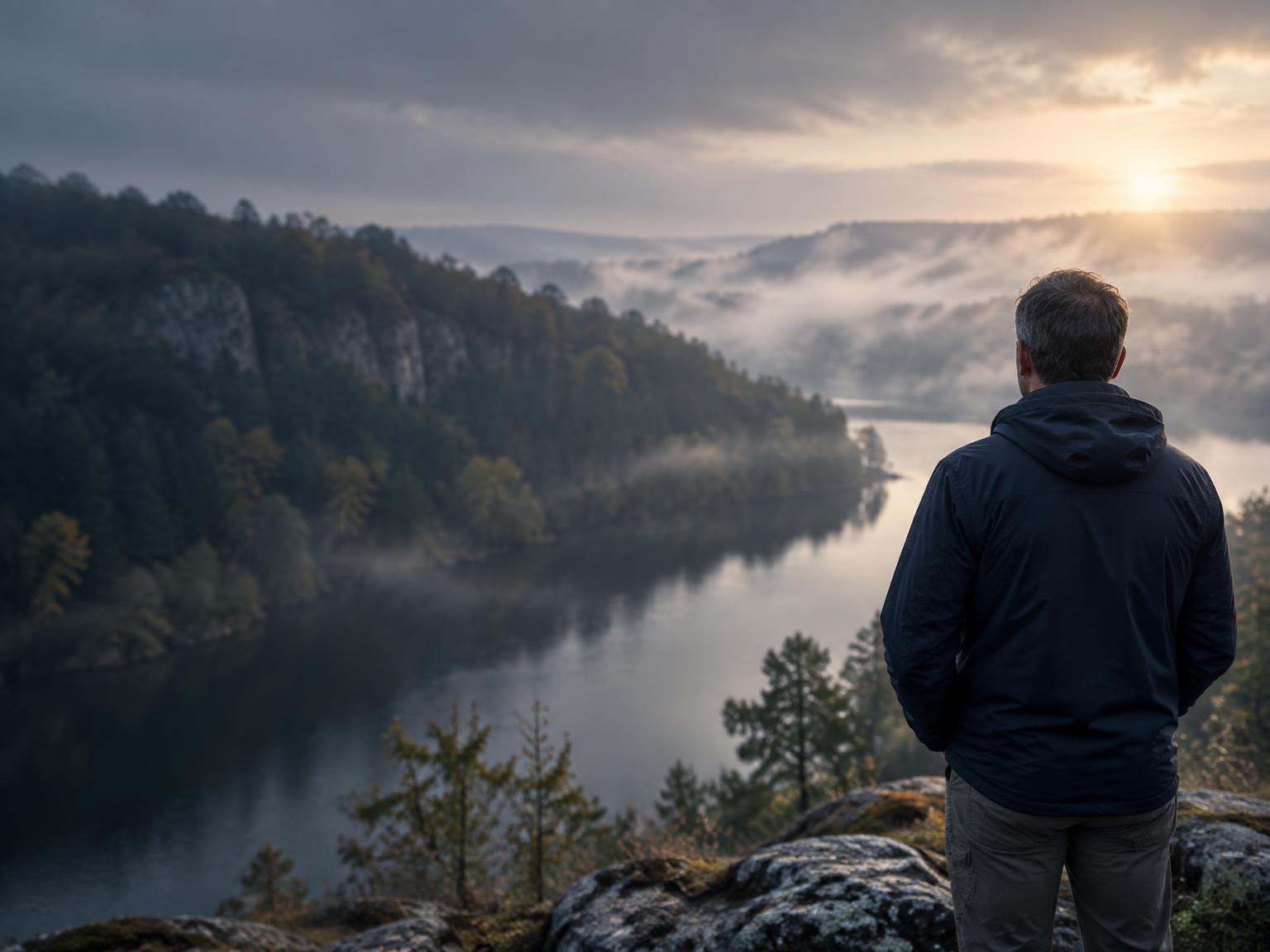 Een man kijkt uit over een rustig landschap bij zonsopgang